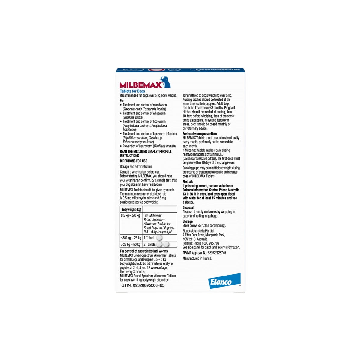 Milbemax Dewormer for Dogs over 11lbs – back of pack – back of pack