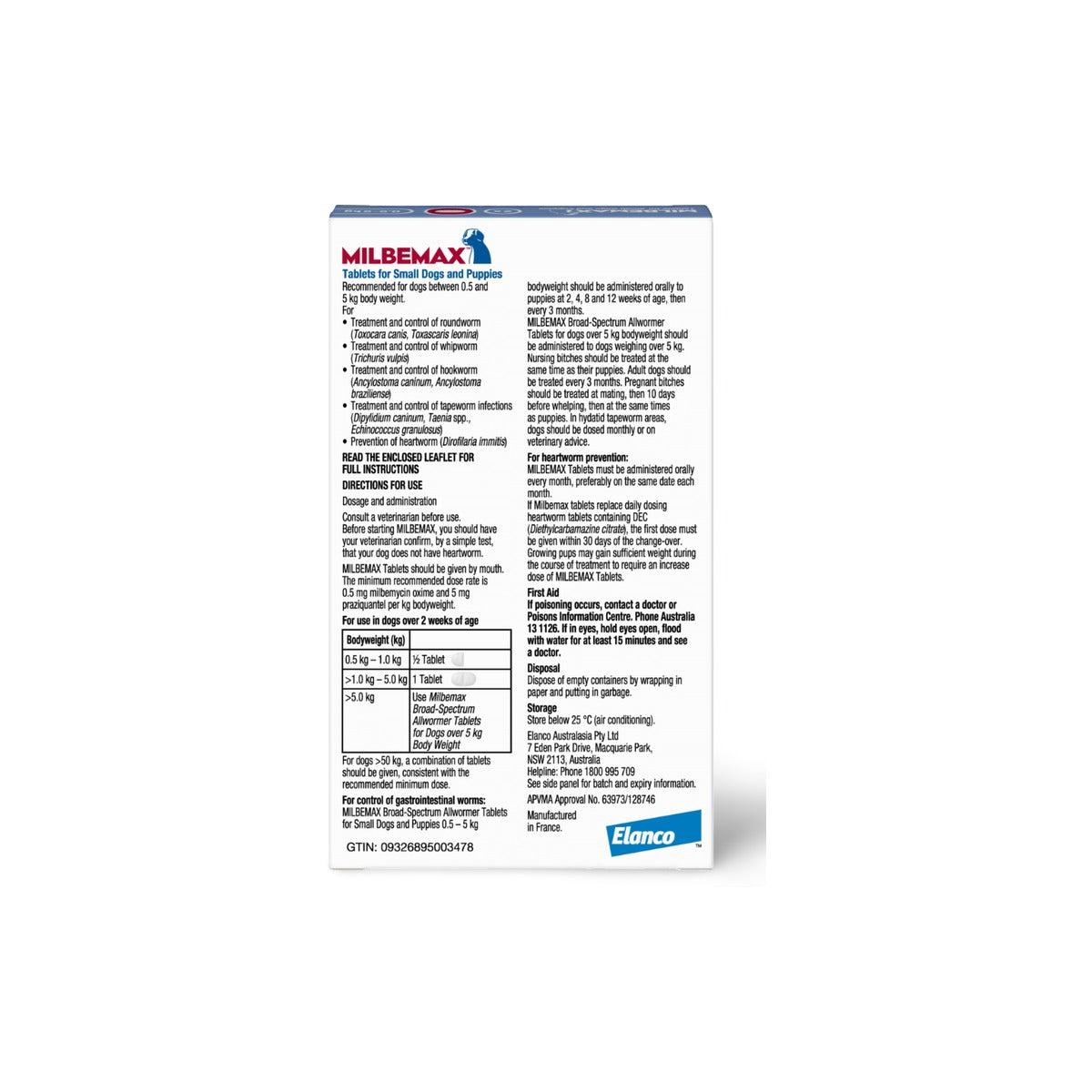Milbemax Dewormer for Small Dogs 1.1-11lbs – back of pack – back of pack