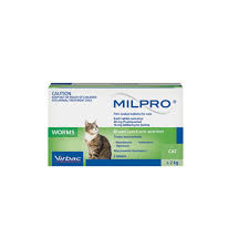 Milpro Broad Spectrum Allwormer for Cats, white box with green and blue accents, featuring a tabby cat.