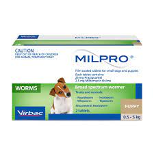 Milpro Broad Spectrum Allwormer for small dogs and puppies, 0.5-5kg, featuring a Jack Russell puppy.
