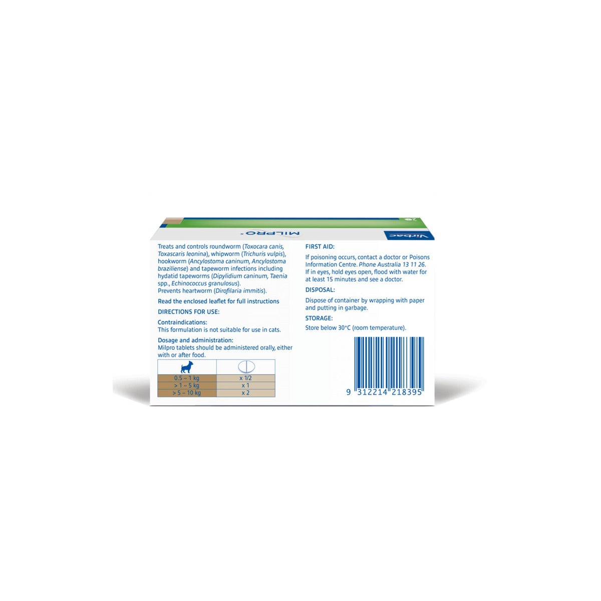 Milpro Broad Spectrum Allwormer for Small Dogs Puppies 1.1-11lbs – back of pack – back of pack