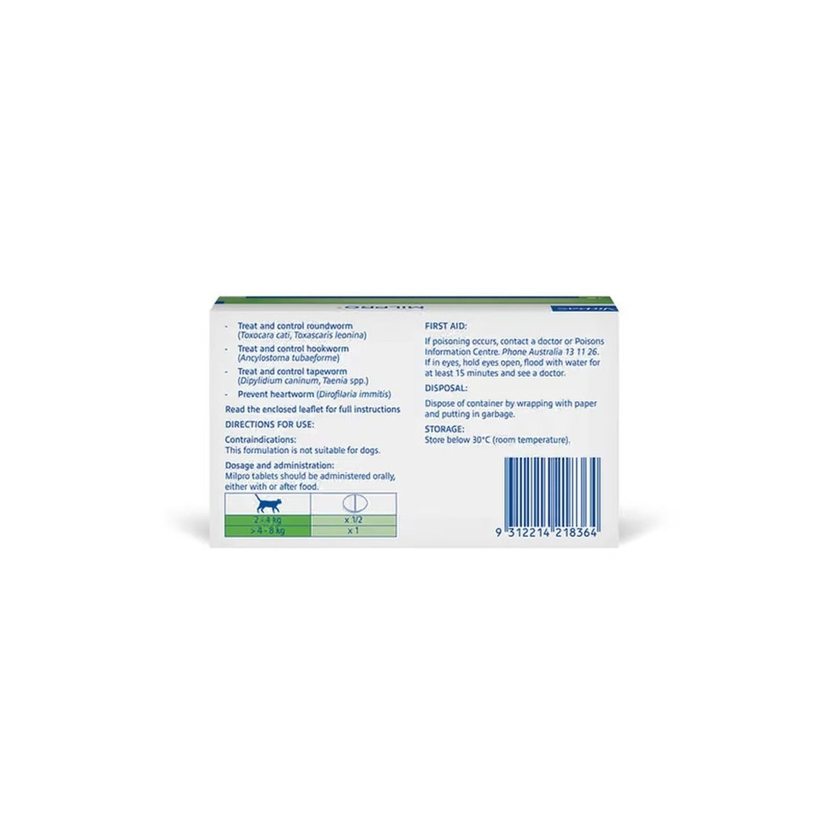 Milpro Small Dogs Puppies 0.5-5kg Green 2 Tablets – back of pack – back of pack
