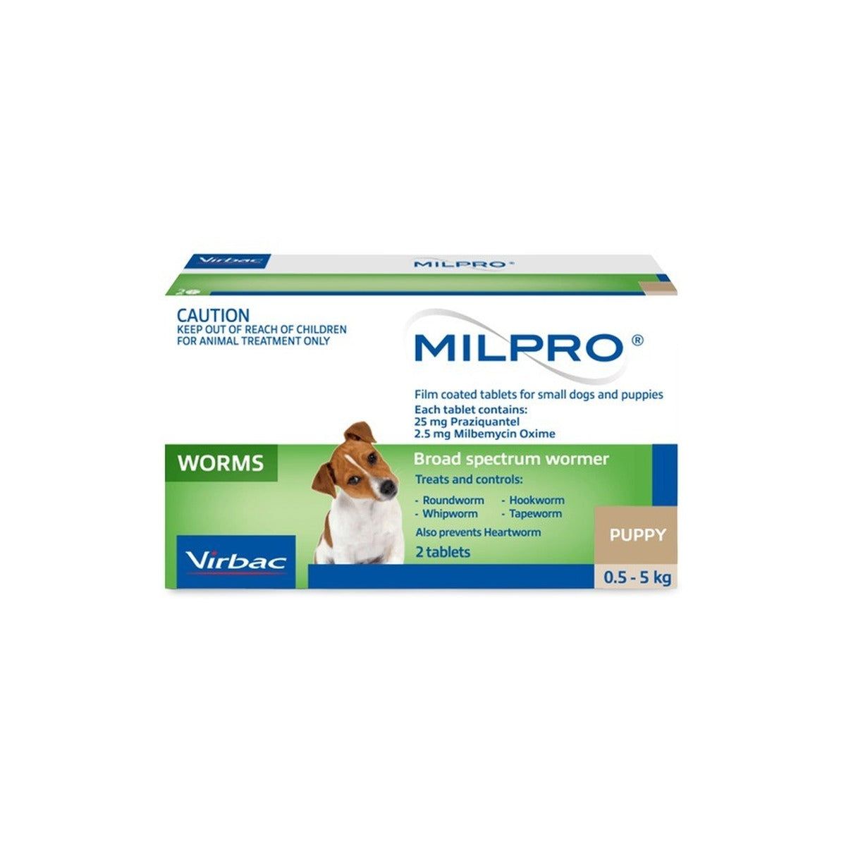 Milpro Small Dogs Puppies 0.5-5kg Green 2 Tablets – front of pack – front of pack
