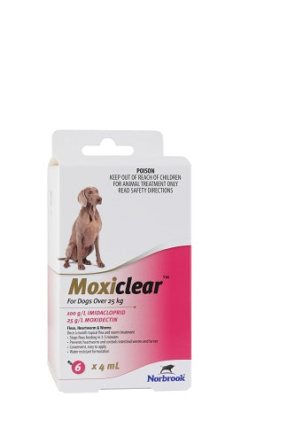 Moxiclear Spot On for Dogs Over 55lbs, pink and white box with a brown dog graphic.