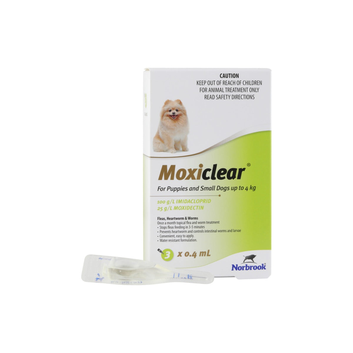 Moxiclear Spot On For Puppies Small Dogs Up To 8.8lbs Green – front of pack – front of pack