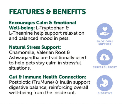 NAS Calm & Relax Powder for Dogs and Cats – features and benefits infographic