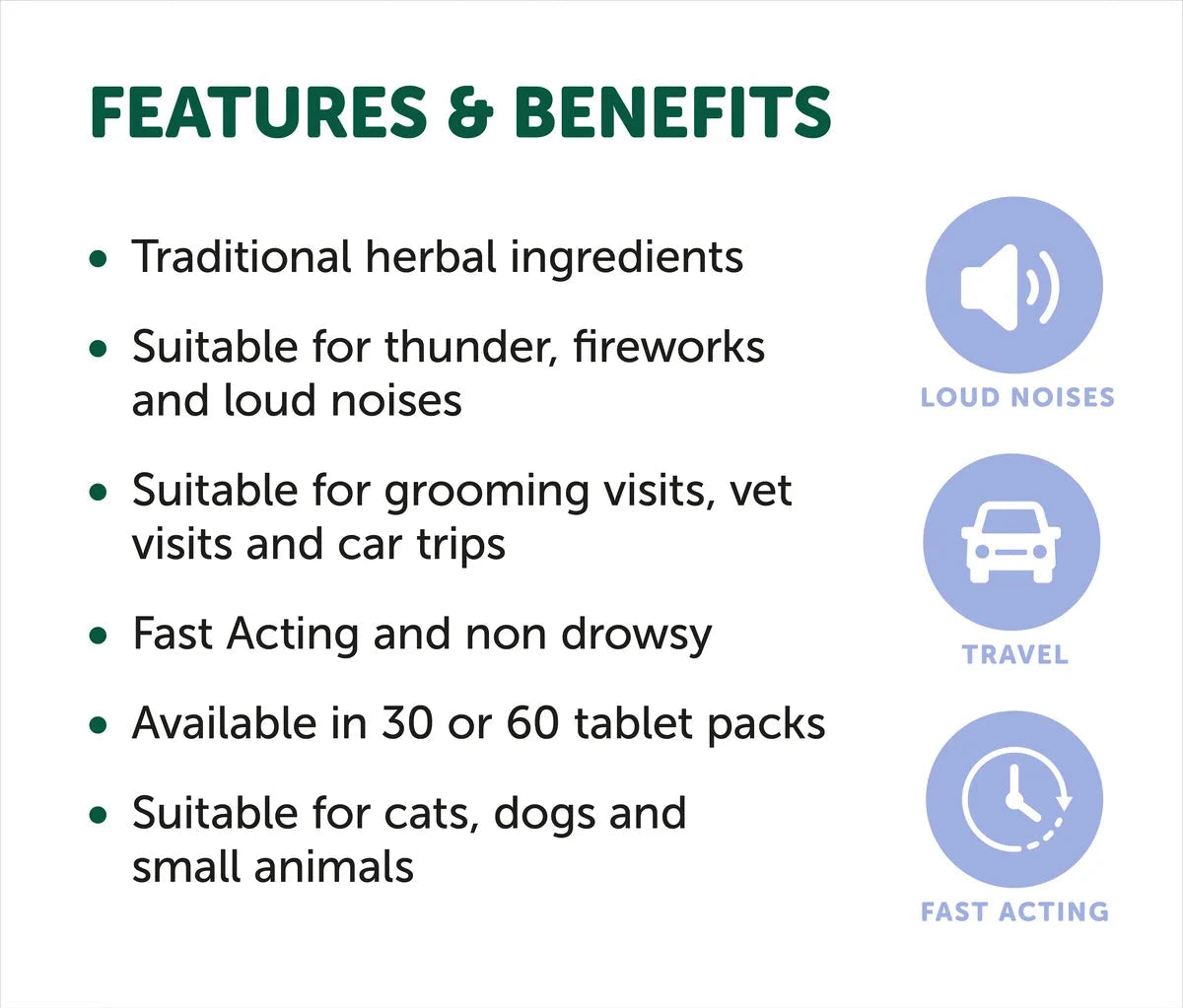 NAS Calm Tablets for Dogs & Cats – features and benefits infographic