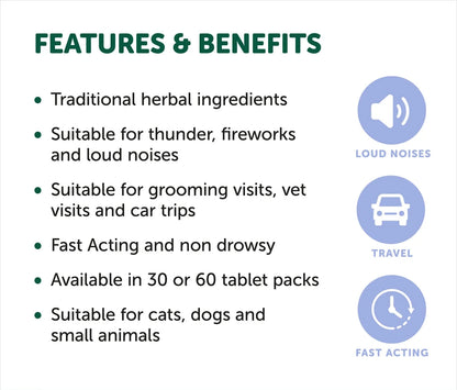NAS Calm Tablets for Dogs & Cats – features and benefits infographic
