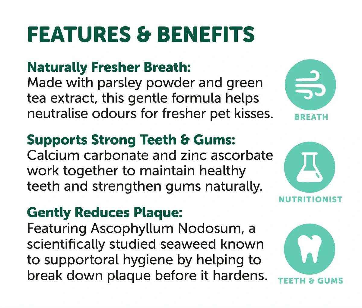 NAS Dental Powder for Dogs & Cats – features and benefits infographic