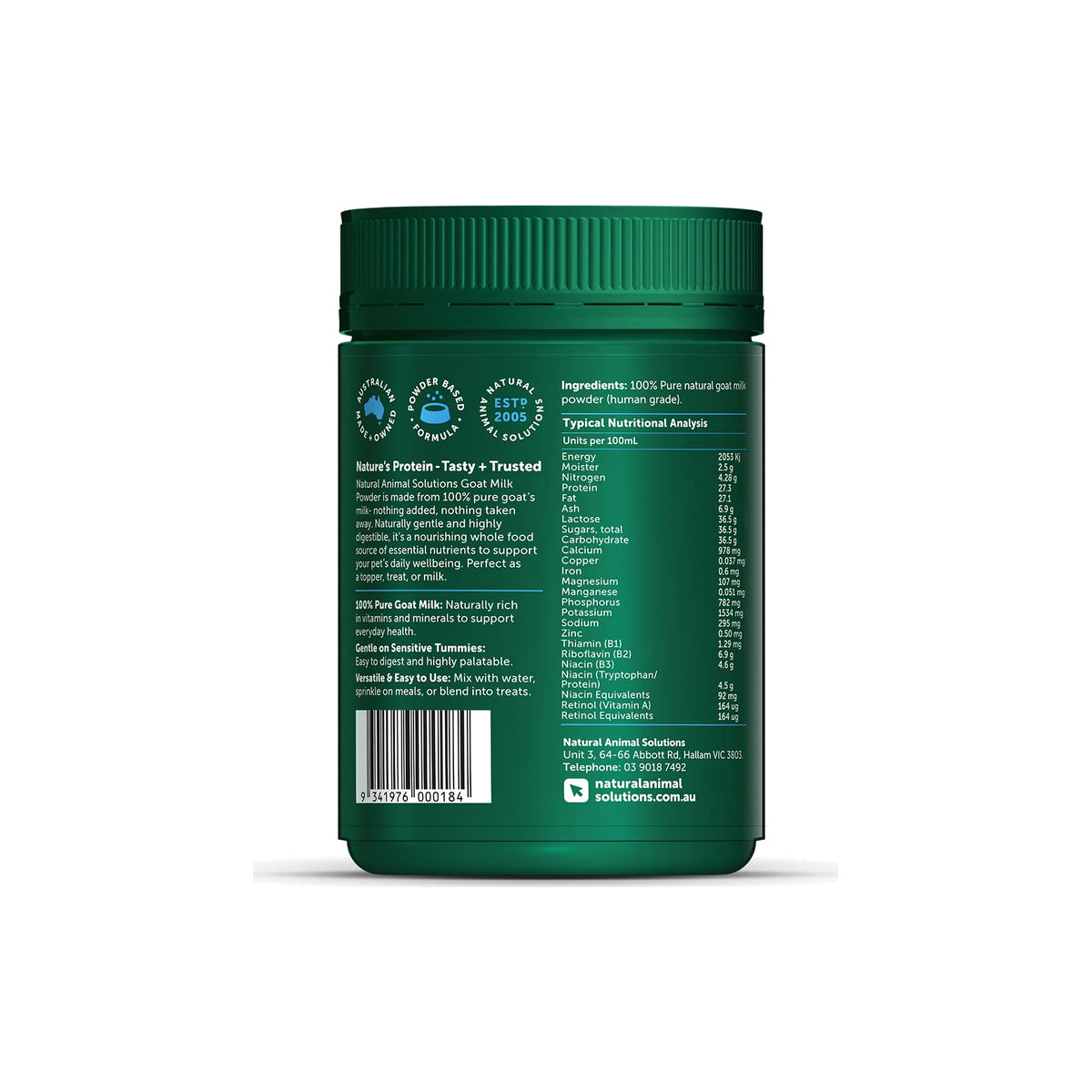 NAS Goat Milk Powder for Dogs & Cats – back of pack