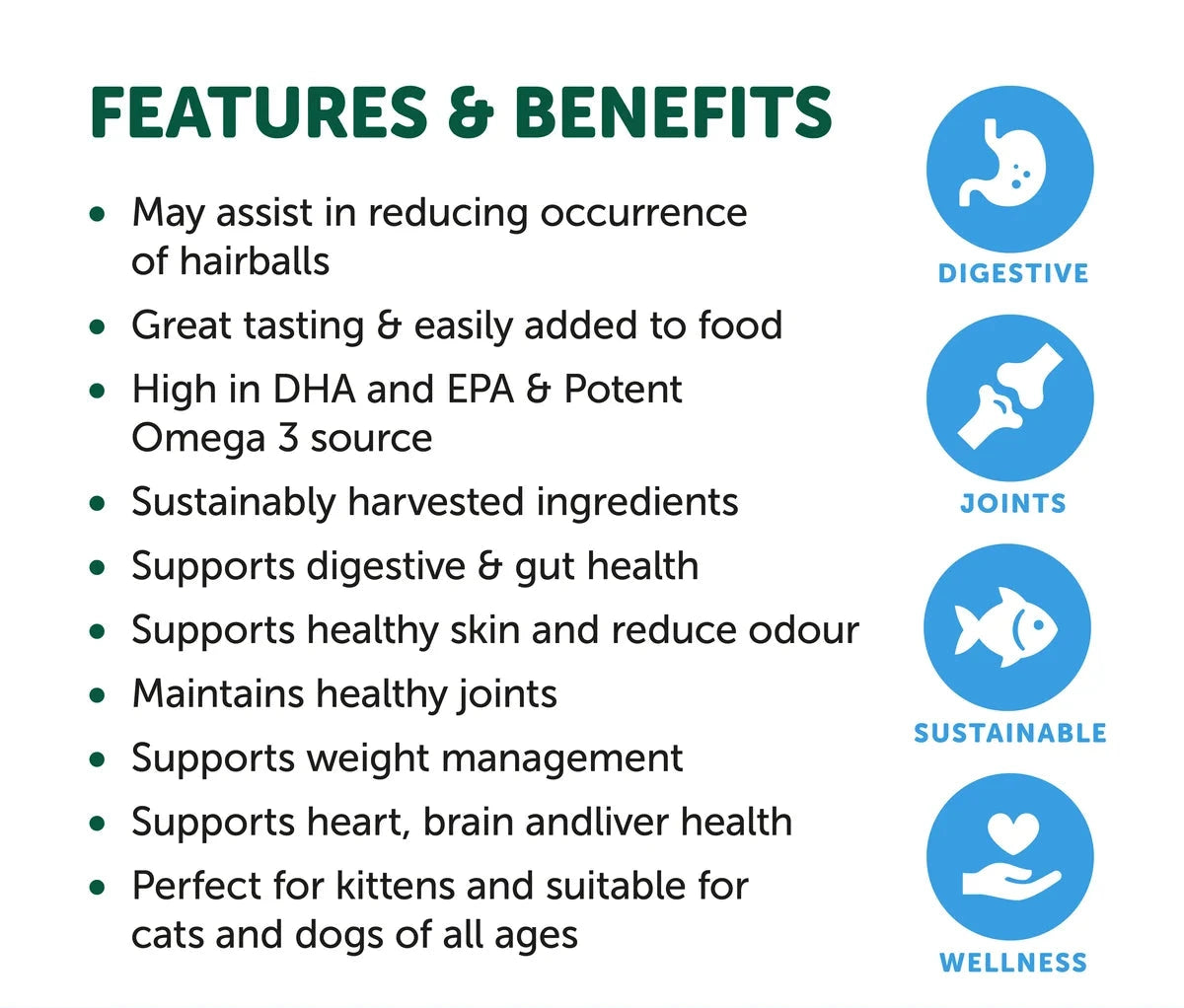 NAS Omega Oil Hairball Support for Cats – features and benefits infographic