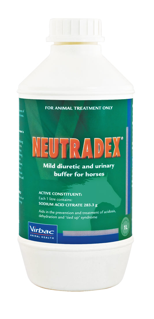 White 1L bottle of NEUTRADEX for horses, with a green label featuring orange text and a horse silhouette.
