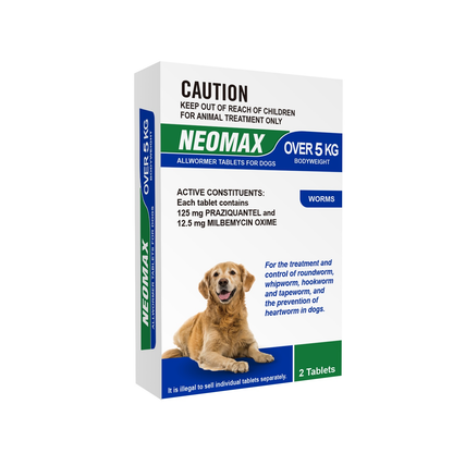 Neomax Allwormer Tablets for Dogs, over 5kg, 2-tablet pack, white box with blue accents and a golden retriever.