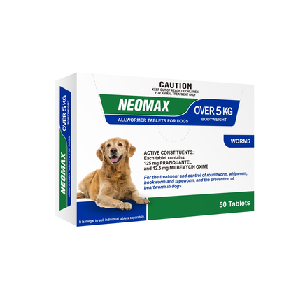 Neomax Allwormer Tablets for Dogs over 5kg, 50-count blue and white box with a golden retriever.