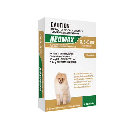 Neomax Allwormer Tablets for small dogs 0.5-5kg, white and brown box with a Pomeranian.