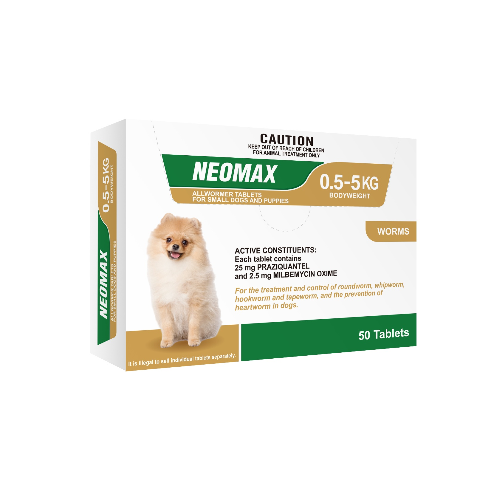 Neomax Allwormer Tablets 50-pack for small dogs and puppies (0.5-5kg) with a Pomeranian puppy.