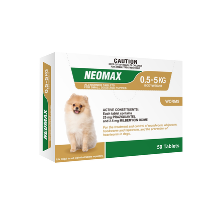 Neomax Allwormer Tablets 50-pack for small dogs and puppies (0.5-5kg) with a Pomeranian puppy.