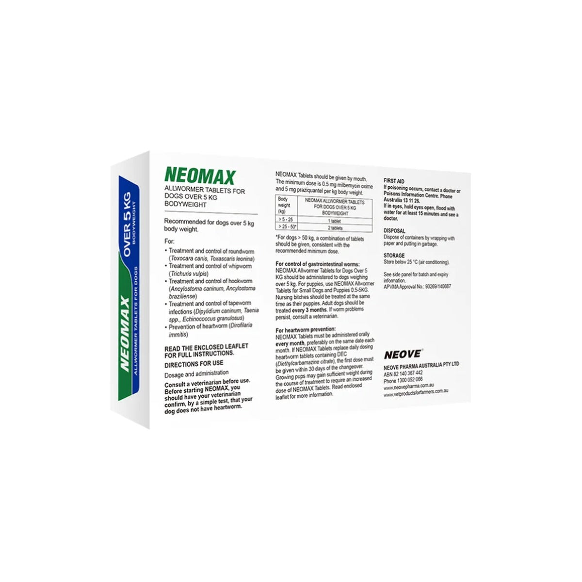Neomax Tablets for Dogs Over 11 lbs Over 5 kg Blue 50 Tablets – back of pack – back of pack