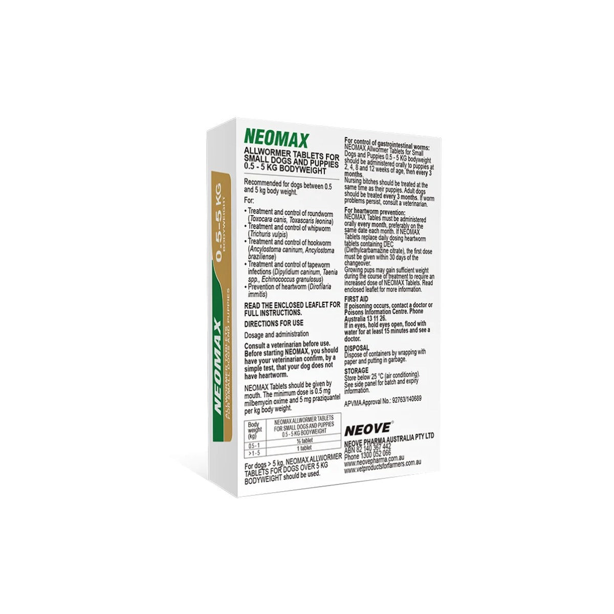 Neomax Tablets for Small Dogs Puppies 1.1-11 lbs 0.5-5 kg Brown – back of pack – back of pack