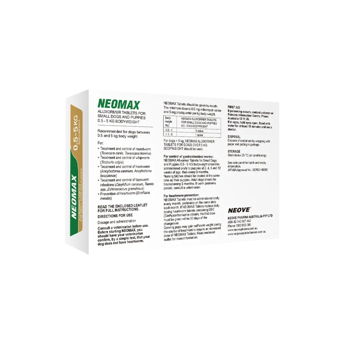 Neomax Tablets for Small Dogs Puppies 1.1-11 lbs 0.5-5 kg Brown 50 Tablets – back of pack – back of pack