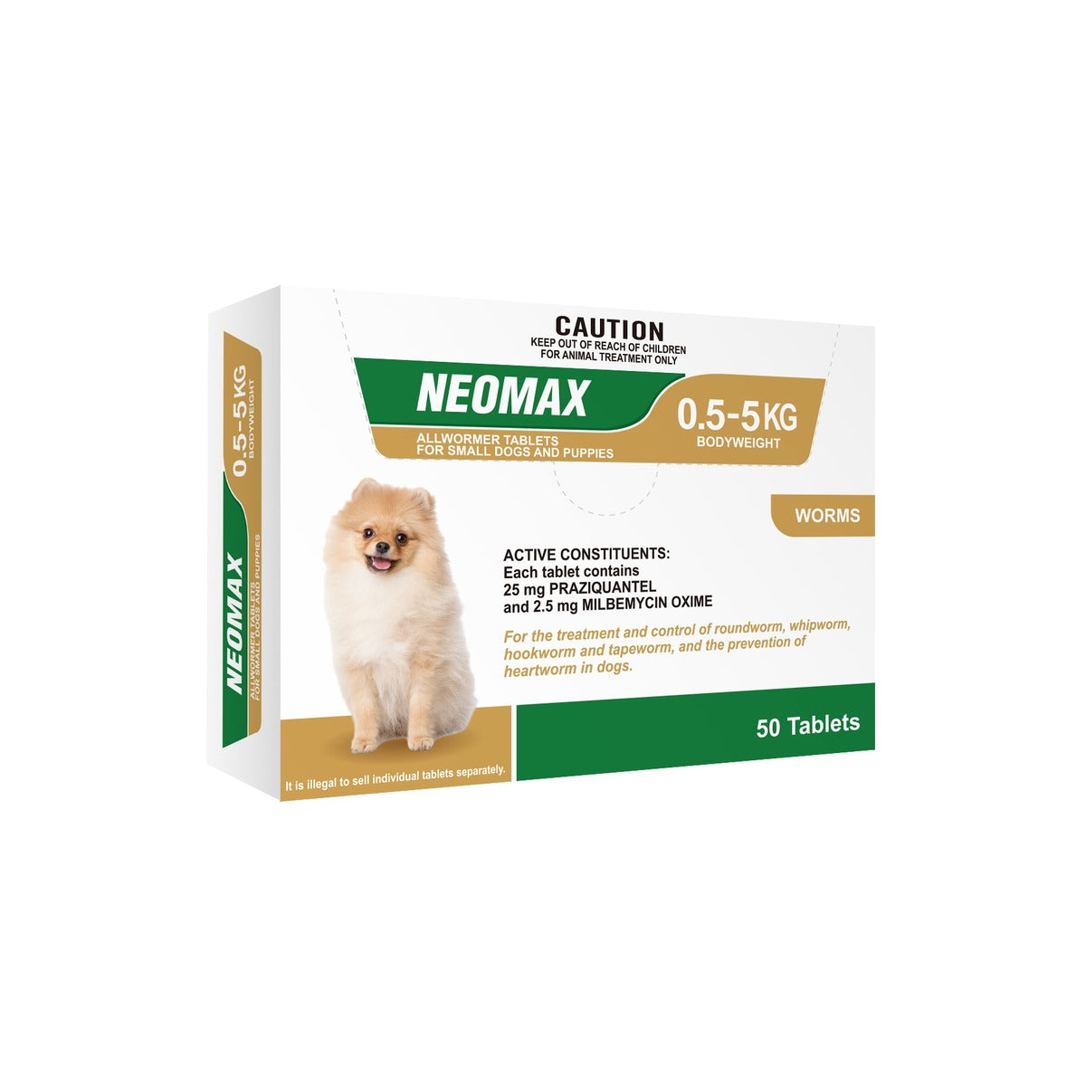 Neomax Tablets for Small Dogs Puppies 1.1-11 lbs 0.5-5 kg Brown 50 Tablets – front of pack – front of pack