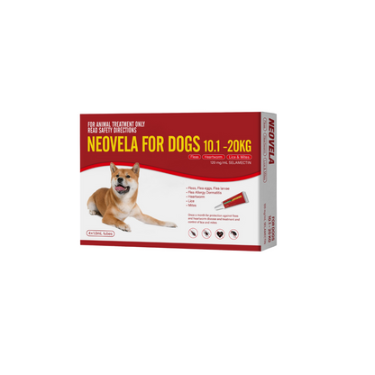 White box of Neovela for Dogs 10.1-20kg with a Shiba Inu, red tubes, and product details.