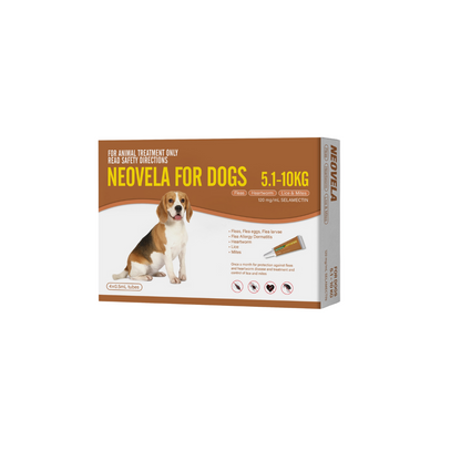 Neovela for Dogs 5.1-10kg brown 4-pack box with a beagle and topical tubes.
