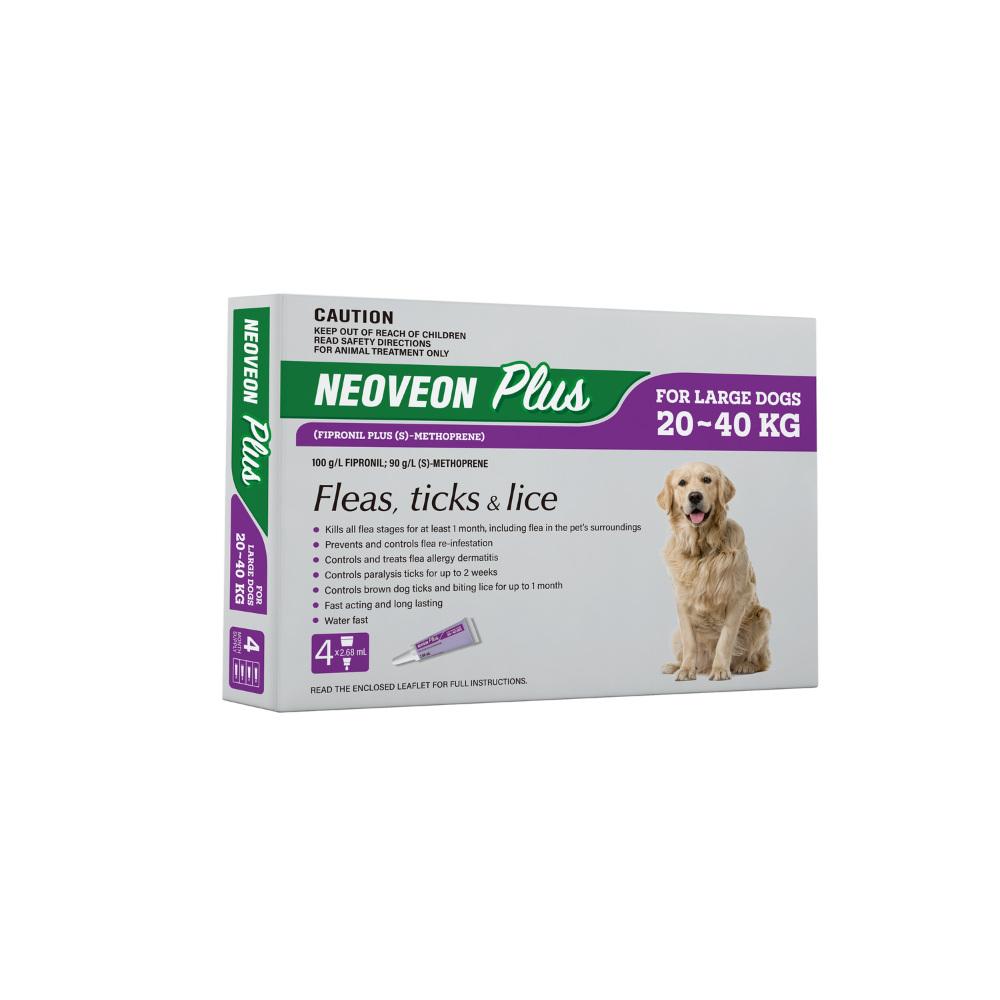 Neoveon Plus for Large Dogs 20-40kg 4pk, white and green box with golden retriever.