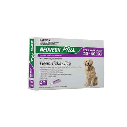 Neoveon Plus for Large Dogs 20-40kg 4pk, white and green box with golden retriever.