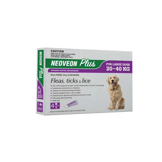 Neoveon Plus for Large Dogs 20-40kg 4pk, white and green box with golden retriever.