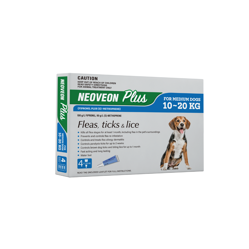 Neoveon Plus flea, tick, and lice treatment for medium dogs, 10-20kg, in a blue 4-pack box.