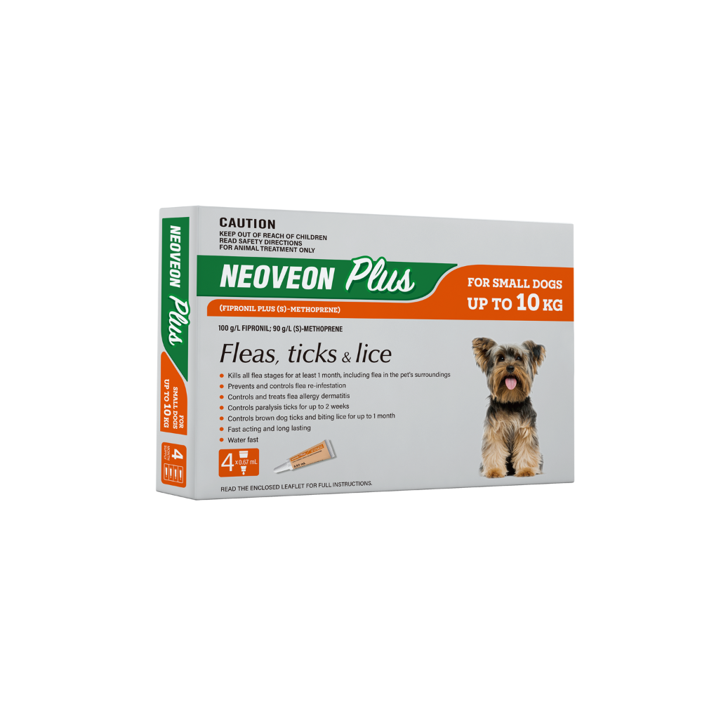 Orange Neoveon Plus 4-pack flea, tick, and lice treatment for small dogs up to 10kg.