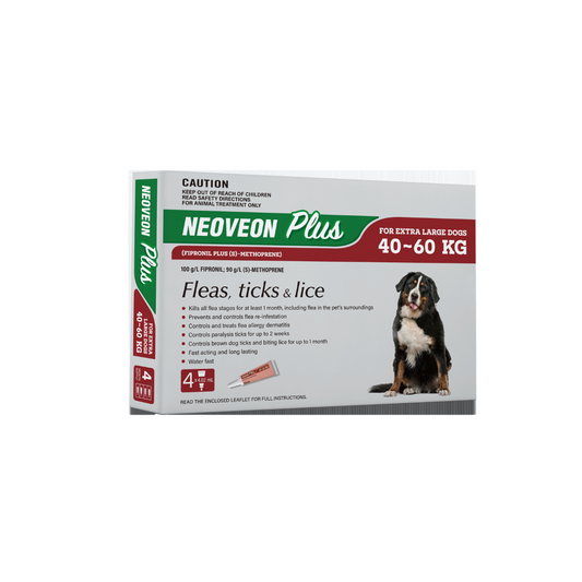 Neoveon Plus 4-pack for extra large dogs (40-60 kg) with a black and white dog on the white and green box.