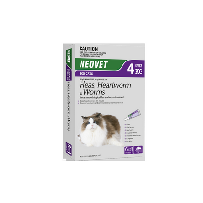 Box packaging of Neovet flea and worm treatment for cats, indicating it is for cats over 4 kg and includes 6 packets.