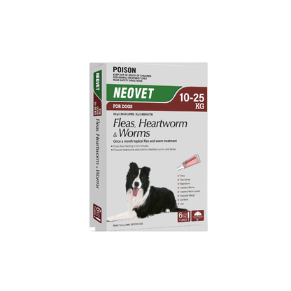 White and green Neovet 6-pack box for dogs 10-25kg, featuring a border collie and product details.