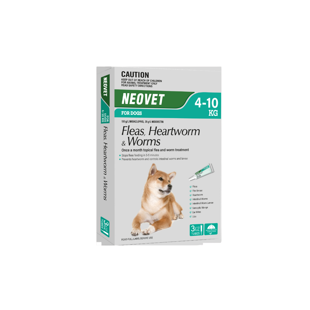 Neovet For Dogs 4-10kg Aqua 3-Pack box featuring a Shiba Inu, green text, and a pipette.