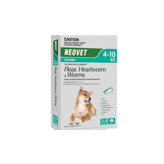 Neovet For Dogs 4-10kg Aqua 3-Pack box featuring a Shiba Inu, green text, and a pipette.