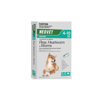 Neovet for Dogs 4-10kg (8-22lbs) Aqua 6-pack box with a Shiba Inu, detailing flea, heartworm, and worm protection.