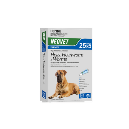 Neovet for Dogs over 25kg (55lbs) 3-pack, a white and green box with a Mastiff dog.