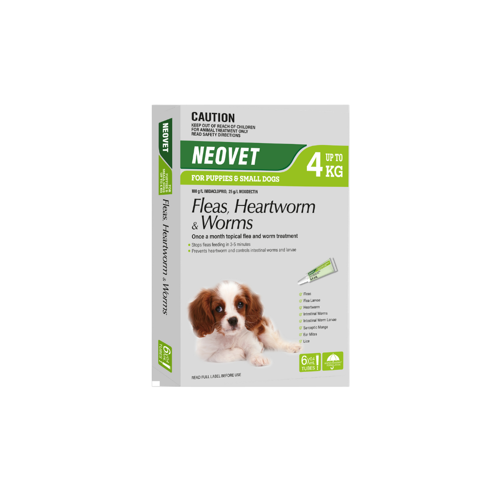 Neovet Green 3-pack for puppies & small dogs up to 8.8lbs, showing product box with puppy.