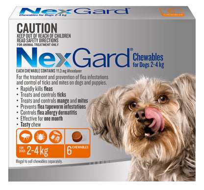 NexGard Chewables for Extra Small Dogs 2-4 kg (Orange box) with a dog licking its lips.