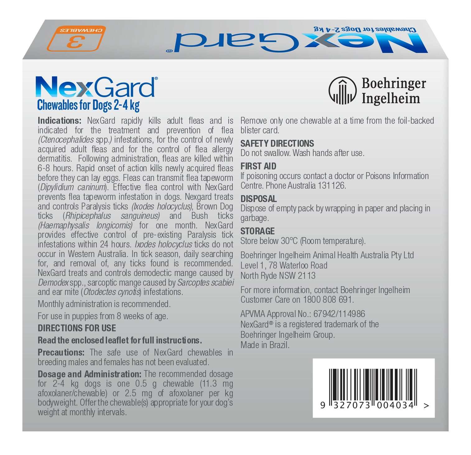 Orange NexGard Chewables box for extra small dogs 2-4 kg, showing product name and Boehringer Ingelheim logo.