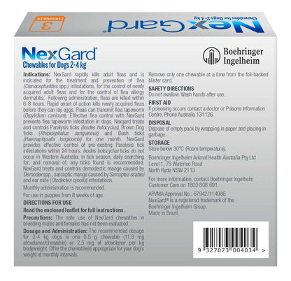 Orange NexGard Chewables box for extra small dogs 2-4 kg, showing product name and Boehringer Ingelheim logo.