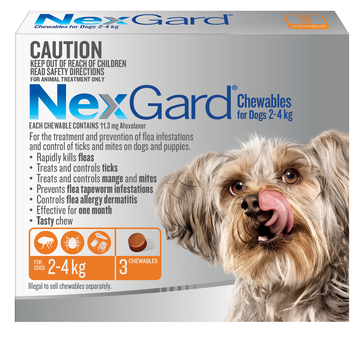 NexGard Chewables orange box for 2-4 kg dogs, with a small dog licking its lips and a chewable.