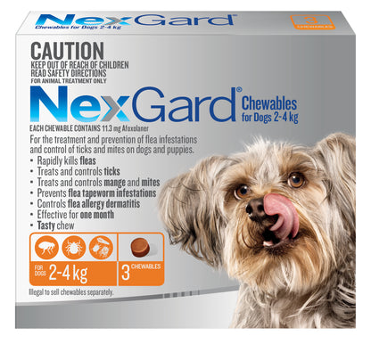 NexGard Chewables orange box for 2-4 kg dogs, with a small dog licking its lips and a chewable.
