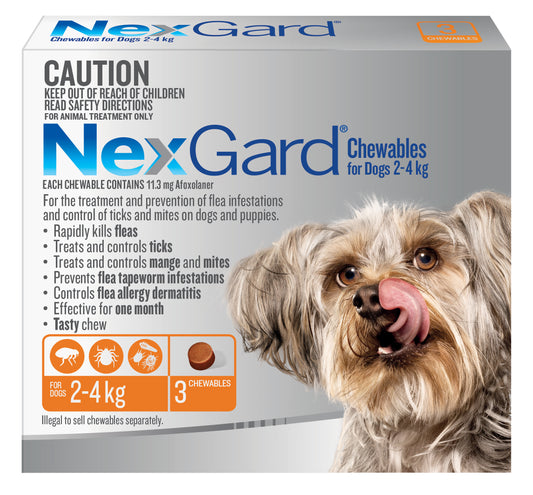 NexGard Chewables orange box for 2-4 kg dogs, with a small dog licking its lips and a chewable.