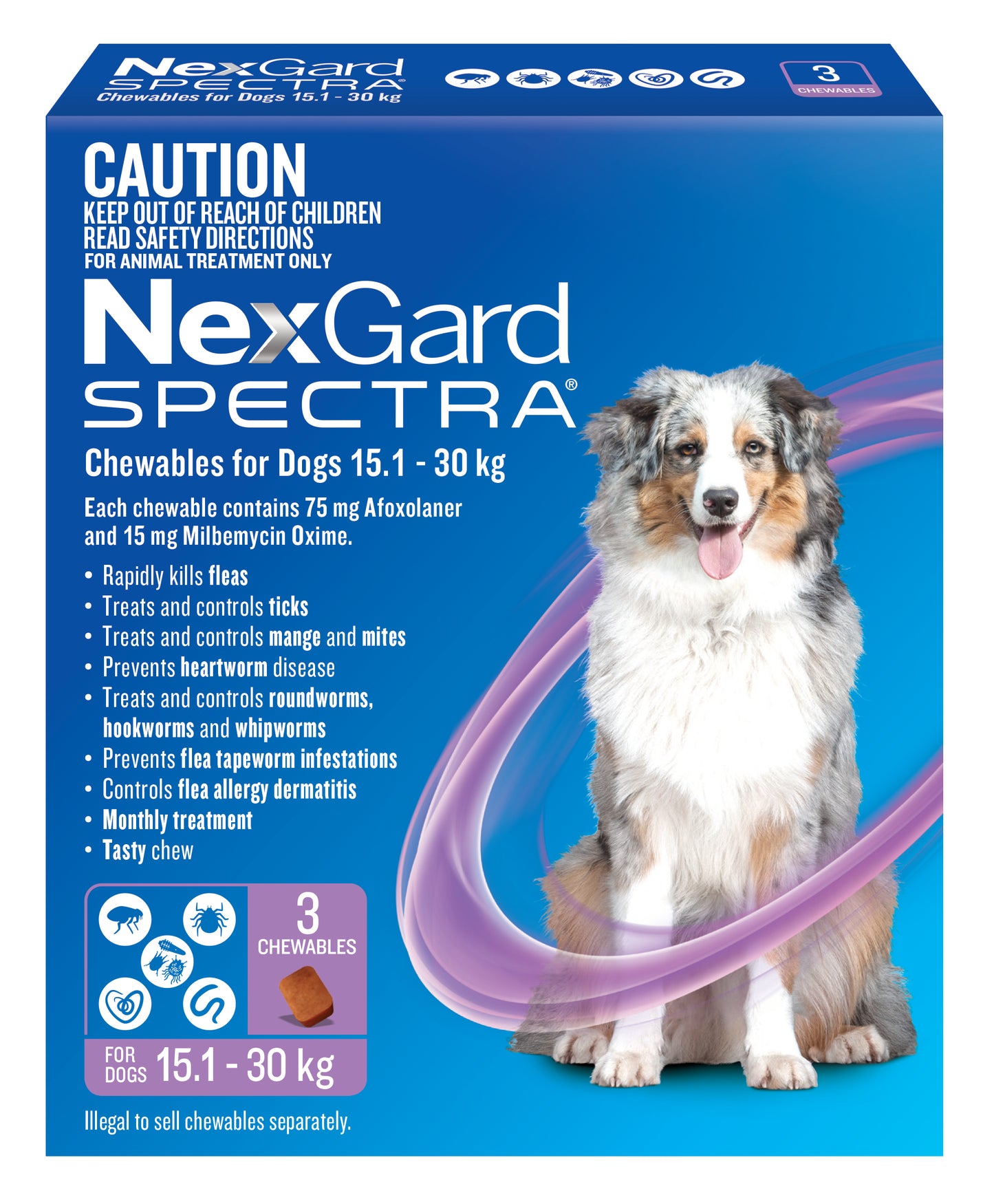NexGard Spectra purple pack lifestyle image, flea and tick chewable for big dogs