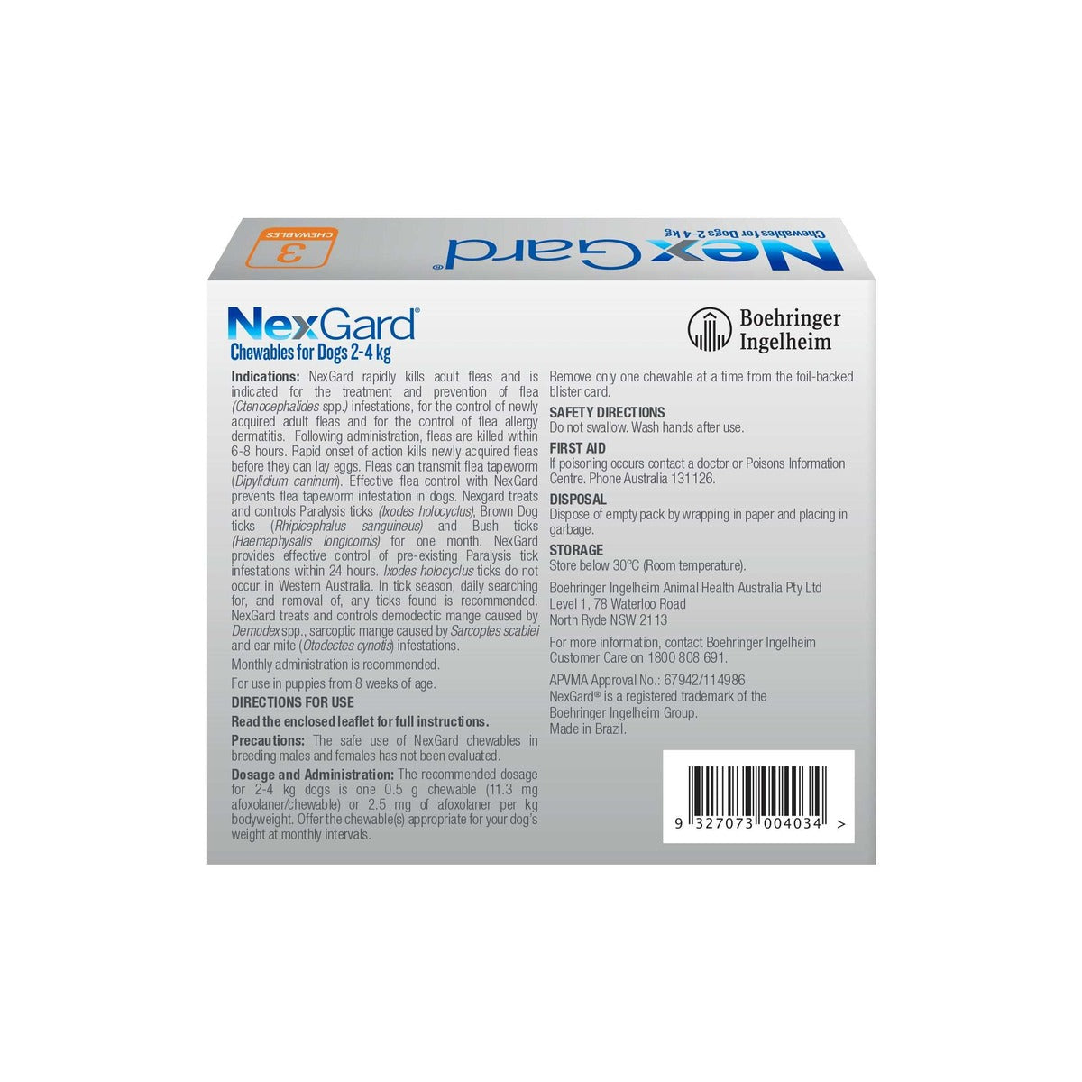 NexGard Chewables for Extra Small Dogs 4-10 lbs 2-4 kg - Orange – back of pack – back of pack