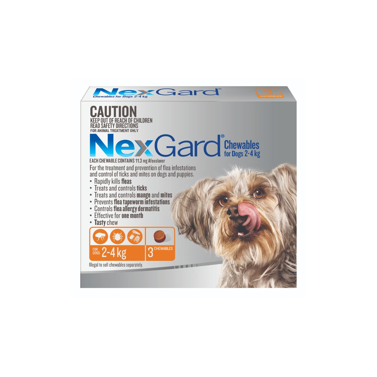 NexGard Chewables for Extra Small Dogs 4-10 lbs 2-4 kg Orange – front of pack – front of pack