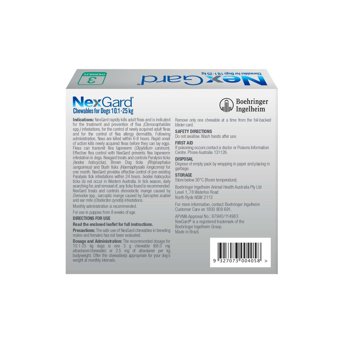NexGard Chewables for Medium Dogs 24.1-60 lbs 10.1-25 kg - Green – back of pack – back of pack